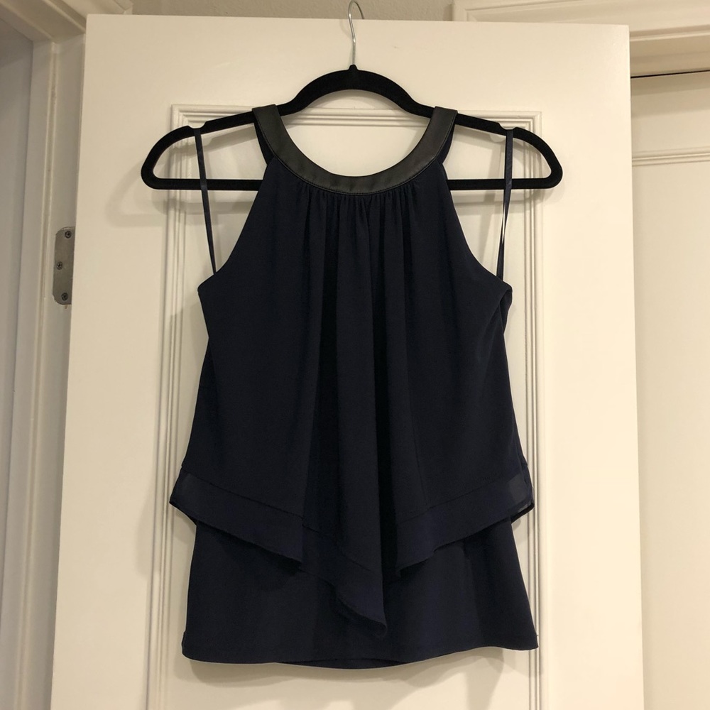 NWOT Navy WHBM top with faux leather neckline